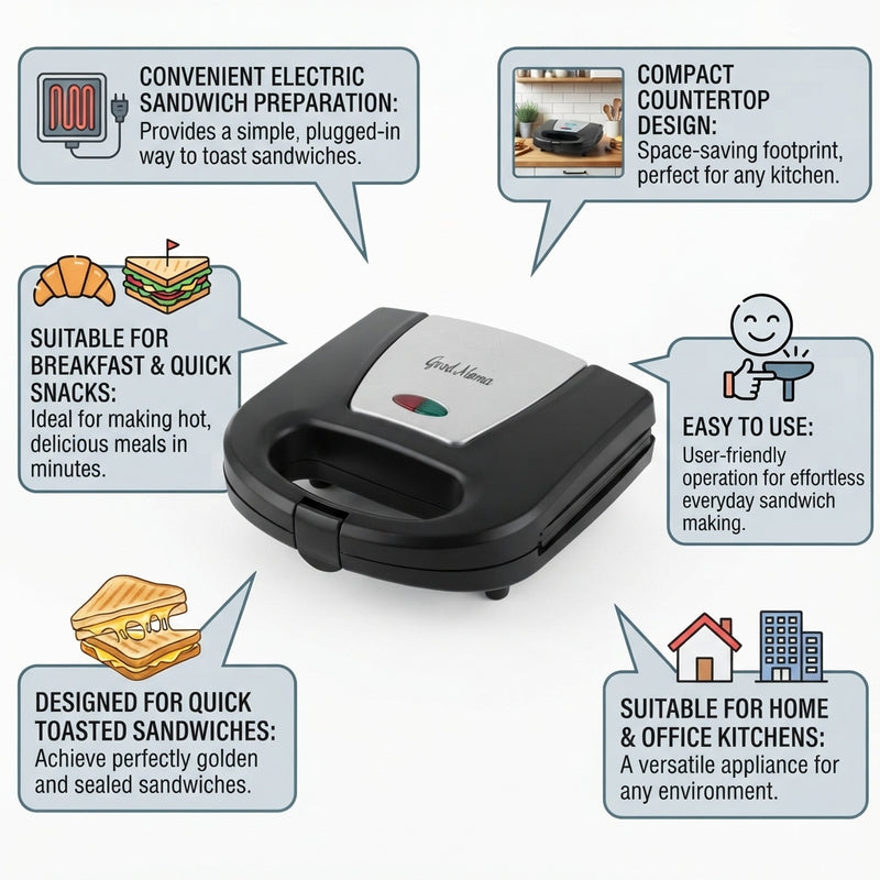 Good Mama GES-E2 Sandwich Maker – Electric Sandwich Toaster & Grill for Home and Office