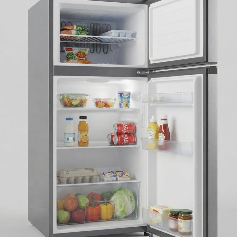 Mora M120TTS 87L Top Mount Freezer Fridge with Adjustable Shelves – Titanium Grey