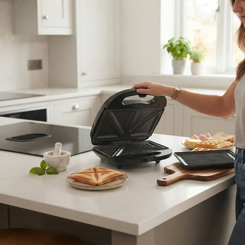 Good Mama GES-E4 3-in-1 Sandwich Maker, Waffle & Grill with Interchangeable Non-Stick Plates – 1000W