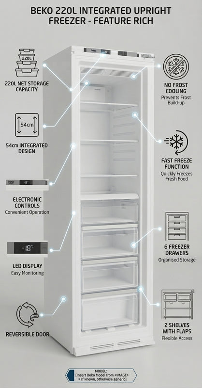 Beko 54cm Integrated Upright Freezer BFNA247E30FN | 220L | No Frost | White