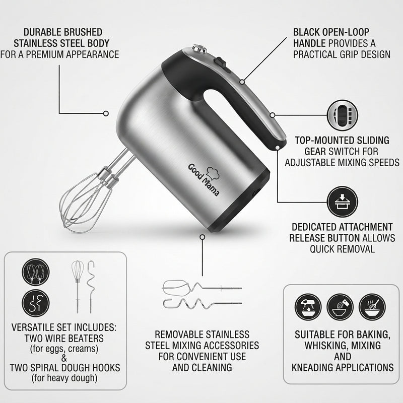 Good Mama GES-B4 Electric Hand Mixer R127 with Stainless Steel Beaters & Dough Hooks