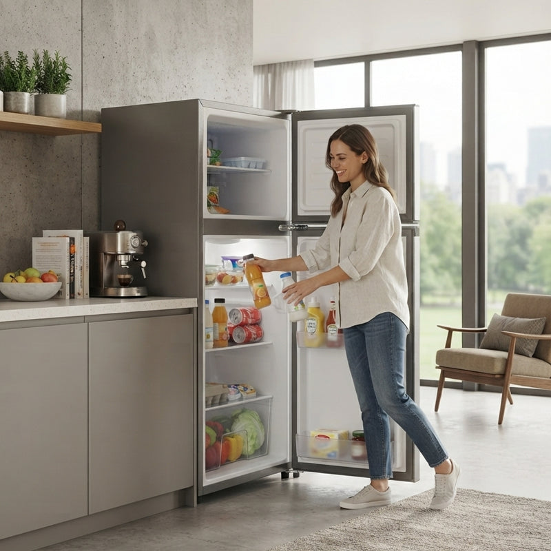 Mora M120TTS 87L Top Mount Freezer Fridge with Adjustable Shelves – Titanium Grey