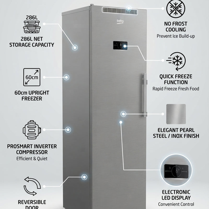 Beko 60cm Upright Freezer B5RMFNE314X | 286L | No Frost | ProSmart Inverter | Pearl Steel