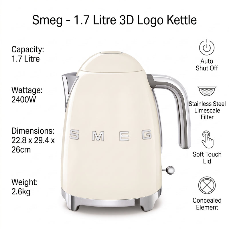 Smeg 1.7L 3D Logo Kettle – Cream