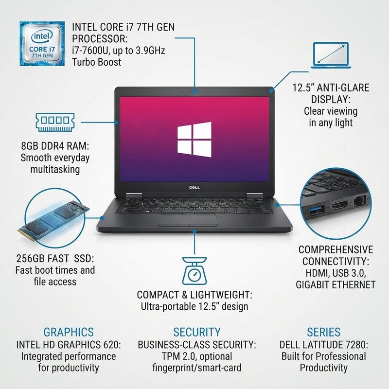 Dell Latitude 7280 i7 7th Gen Laptop Bundle – 8GB RAM, 256GB SSD + 19