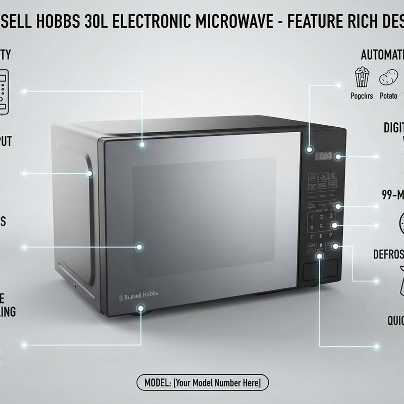 Russell Hobbs 30L Electronic Black Mirror Microwave 900W | RHEM31L