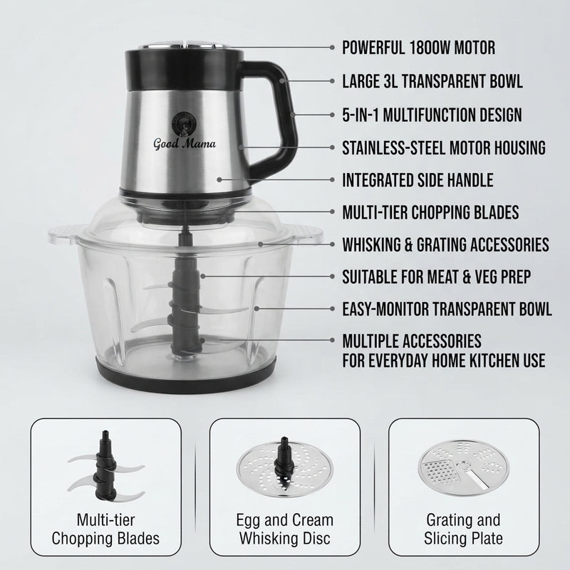 Good Mama GES-C4 R296 5-in-1 Multi-Function Food Chopper – 1800W | 3L Bowl