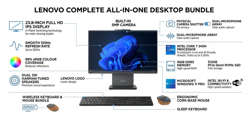 Lenovo ThinkCentre Neo 50a 24 Gen 5 Core 7 All-in-One Casual Gaming and Productivity Bundle with Wireless Keyboard and Vertical Mouse