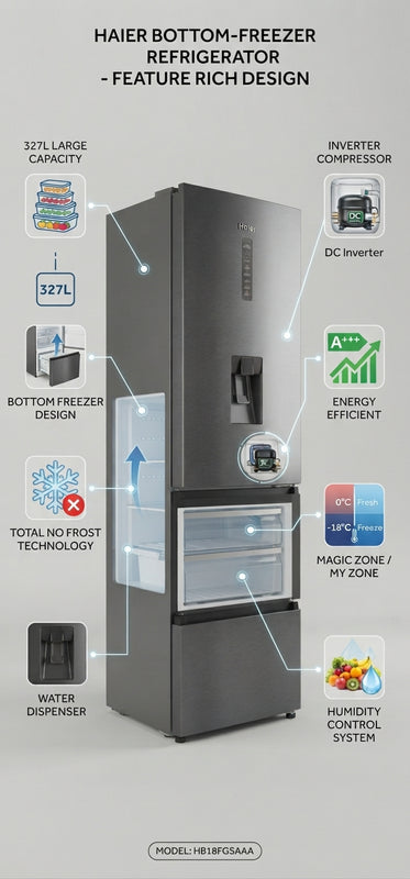 Haier 327L Bottom Freezer Fridge A++ Frost-Free with Water Dispenser – HRF-425VCWRMBLZA