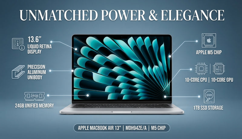 Apple MacBook Air 13″ MDH94ZE/A | Apple M5 Chip | 10-Core CPU | 10-Core GPU | 24GB RAM | 1TB SSD - Silver