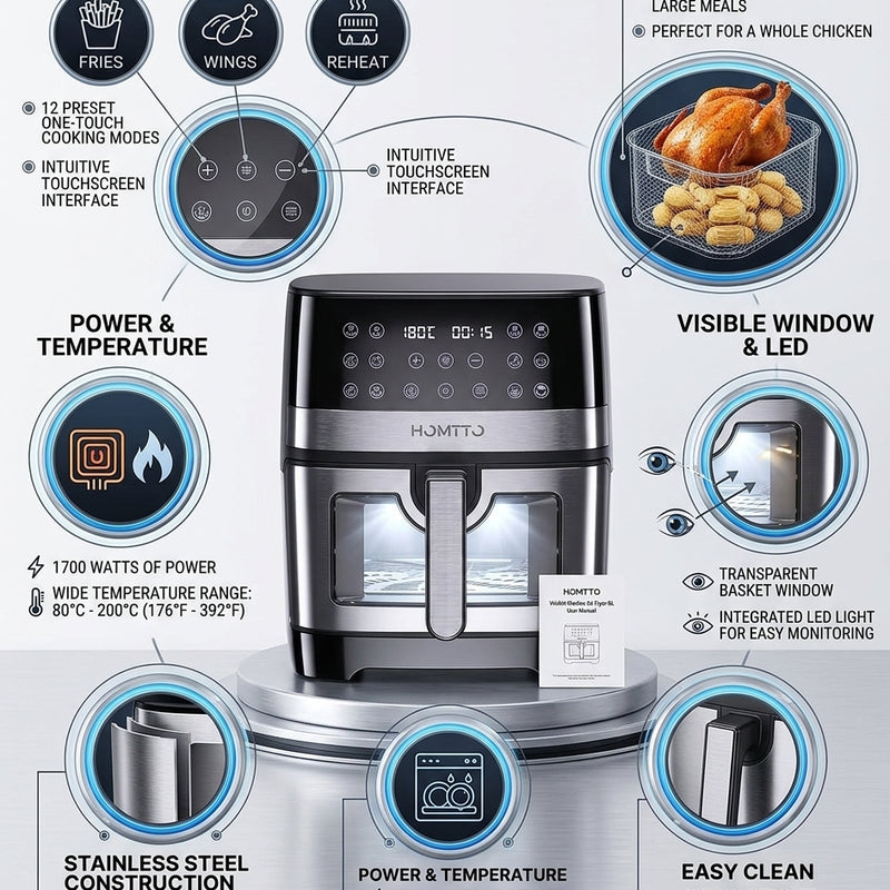 HOMTTO 8L Stainless Steel Air Fryer