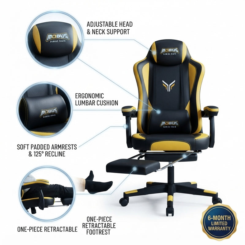 Deli Ergonomic Gaming Chair with Footrest – Yellow