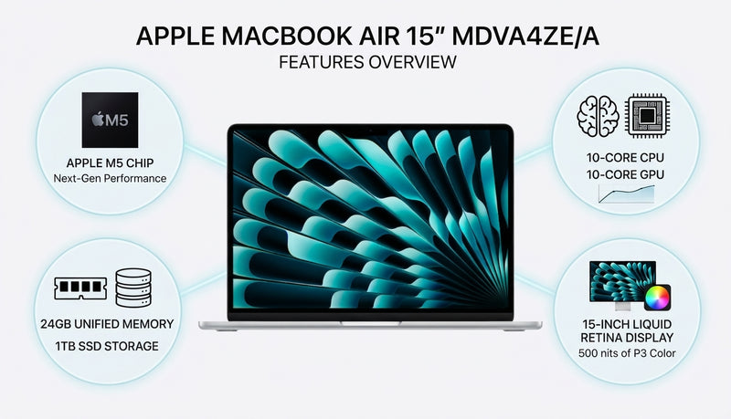 Apple MacBook Air 15″ MDVC4ZE/A | Apple M5 Chip | 10-Core CPU | 10-Core GPU | 24GB RAM | 1TB SSD | Silver