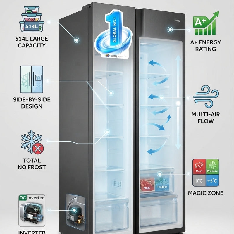 Haier 514L Side-by-Side Fridge Freezer | No Frost A+ Inverter | HRF-668VNFMBL