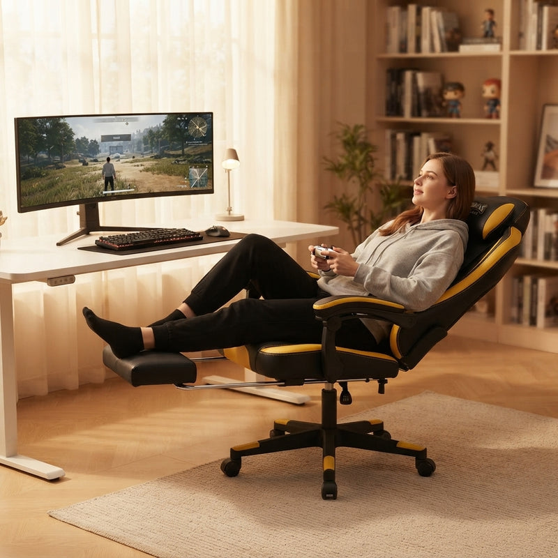 Deli Ergonomic Gaming Chair with Footrest – Yellow