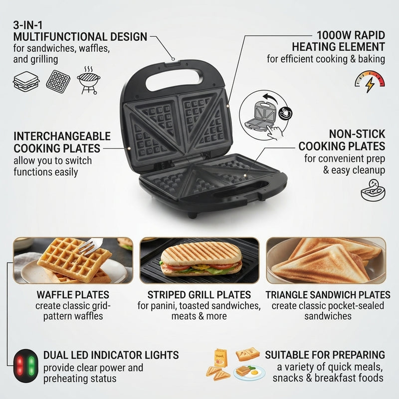 Good Mama GES-E4 3-in-1 Sandwich Maker, Waffle & Grill with Interchangeable Non-Stick Plates – 1000W