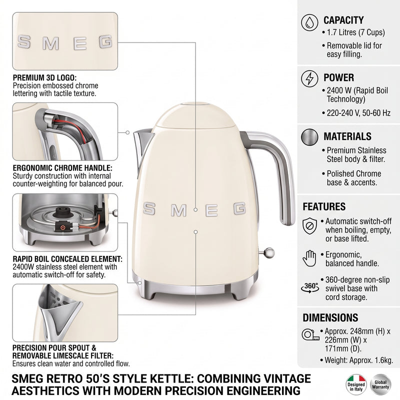 Smeg 1.7L 3D Logo Kettle – Cream
