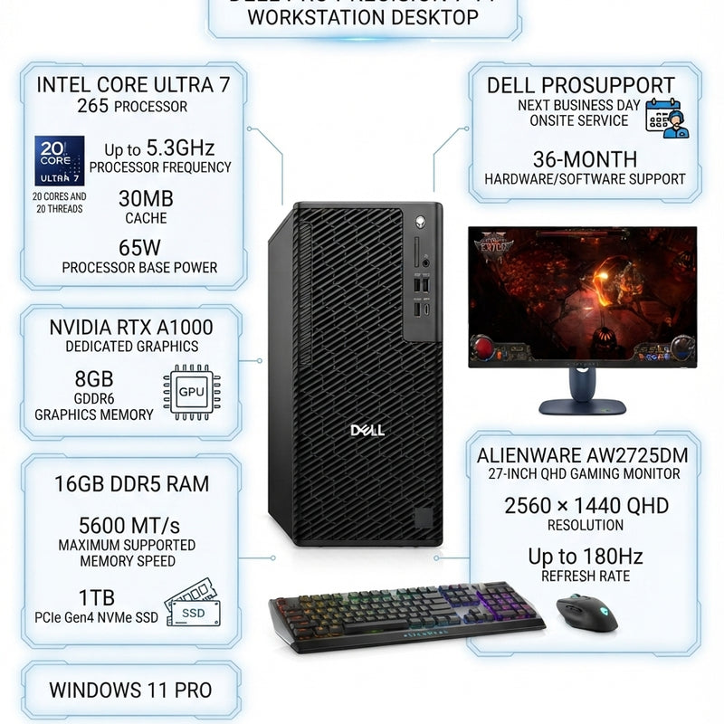 Dell Pro Precision 7 T1 Core Ultra 7 Gaming Bundle with NVIDIA RTX A1000, 27-inch QHD 180Hz Monitor, Alienware Keyboard and Wireless Mouse