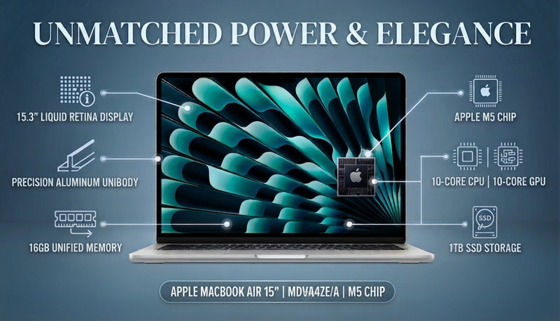 Apple MacBook Air 15″ MDVA4ZE/A | Apple M5 Chip | 10-Core CPU | 10-Core GPU | 16GB RAM | 1TB SSD | Silver