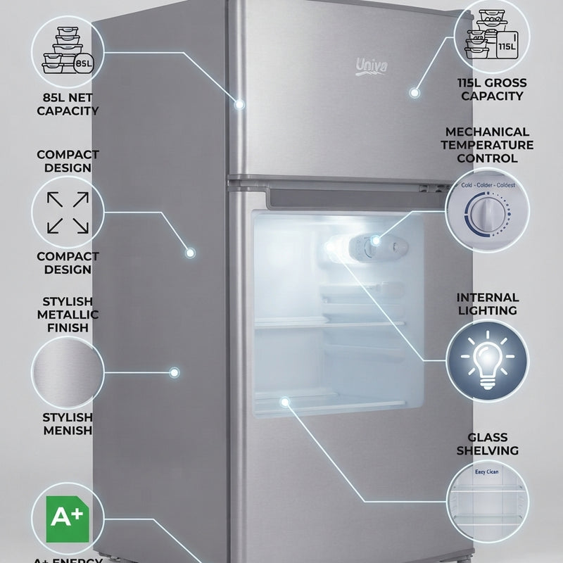 Univa UT115M 85L Top Freezer Mini Bar Fridge | Metallic | A+ Energy Rating