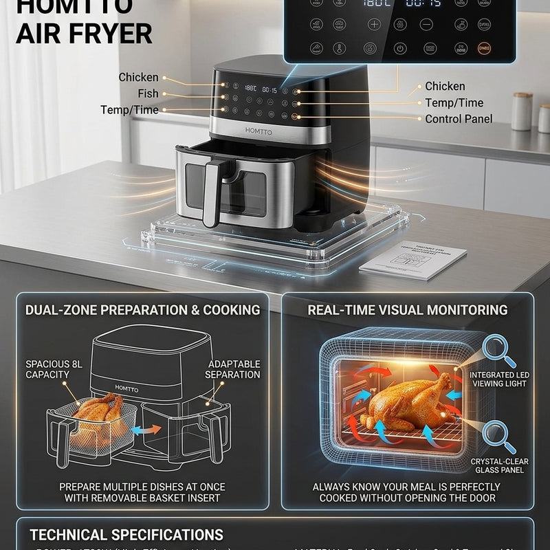 HOMTTO 8L Stainless Steel Air Fryer