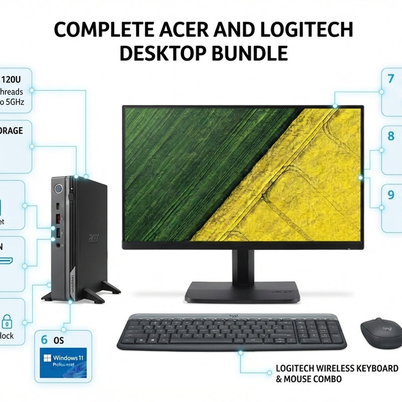 Acer Veriton 2000 Mini Core 5 Desktop Bundle with 27-inch FHD 120Hz Monitor and Logitech MK470 Wireless Combo