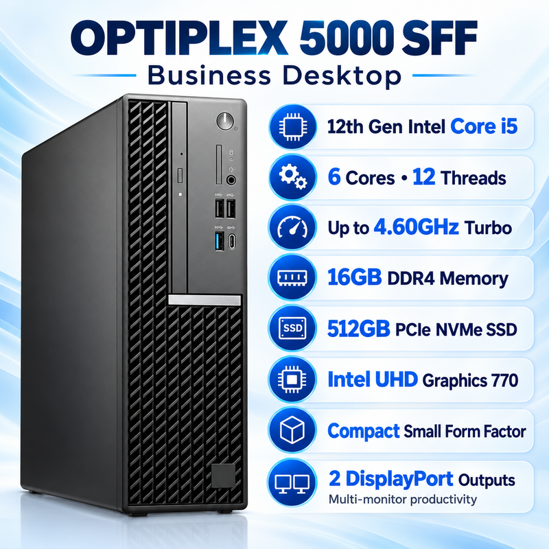 Refurbished Dell OptiPlex 5000 SFF Core i5-12500 12th Gen | 16GB RAM 512GB NVMe SSD with 22-Inch Monitor