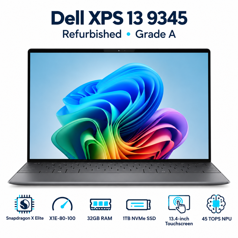 Refurbished Dell XPS 13 9345 Snapdragon X Elite 32GB RAM 1TB NVMe Touch Laptop – Grade A