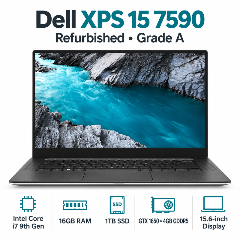 Refurbished Dell XPS 15 7590 Core i7 9th Gen 16GB RAM 1TB SSD GTX 1650 4GB Laptop – Grade A