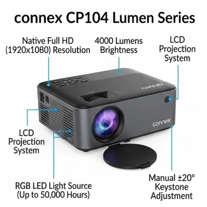Connex CP104 Lumen Series 4000 Lumens Full HD Wi-Fi LED Projector – Black
