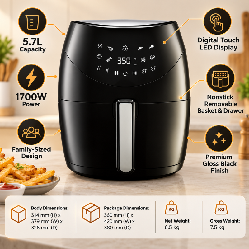5.7L Air Fryer – Premium Gloss Black