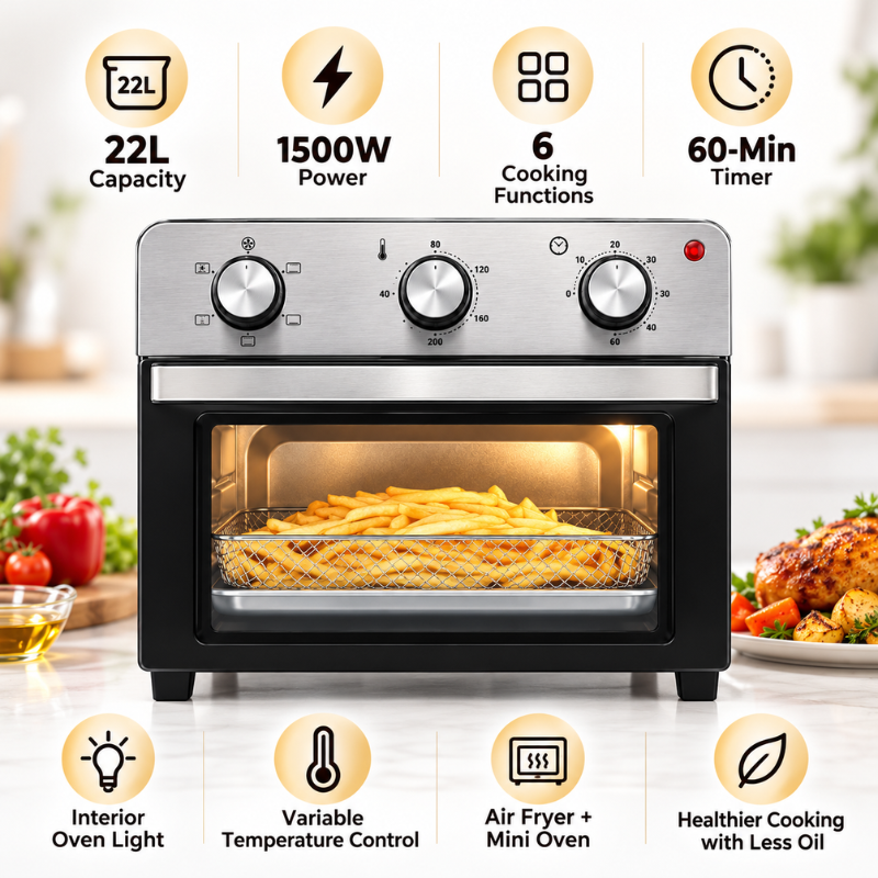 22L Air Fryer Oven with Premium Stainless-Steel Finish – 1500W