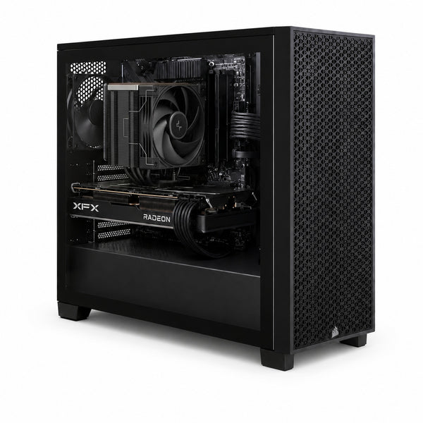 Illustration of this build: XFX Swift RX 9060 XT, Ryzen 7 9700X with DeepCool AK400 G2 Dark cooler and one Kingston FURY Beast 16GB DDR5 stick in a black Corsair 3000D case (computer-generated, not a photo of the actual unit)