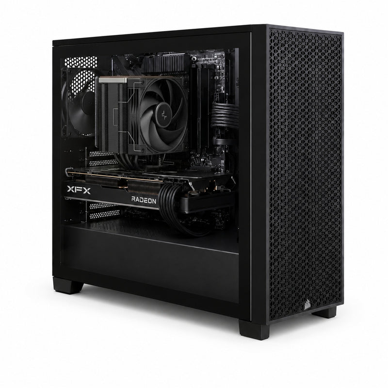 Illustration of this build: XFX Swift RX 9060 XT, Ryzen 7 9700X with DeepCool AK400 G2 Dark cooler and one Kingston FURY Beast 16GB DDR5 stick in a black Corsair 3000D case (computer-generated, not a photo of the actual unit)