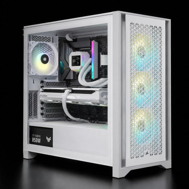 Illustration of this build: XFX Radeon RX 9060 XT Swift Triple Fan White, Intel Core Ultra 5 245K, DeepCool LM360 ARGB White and XPG Lancer Blade RGB DDR5 in a white Corsair iCUE 4000D RGB Airflow (computer-generated, not a photo of the actual unit)