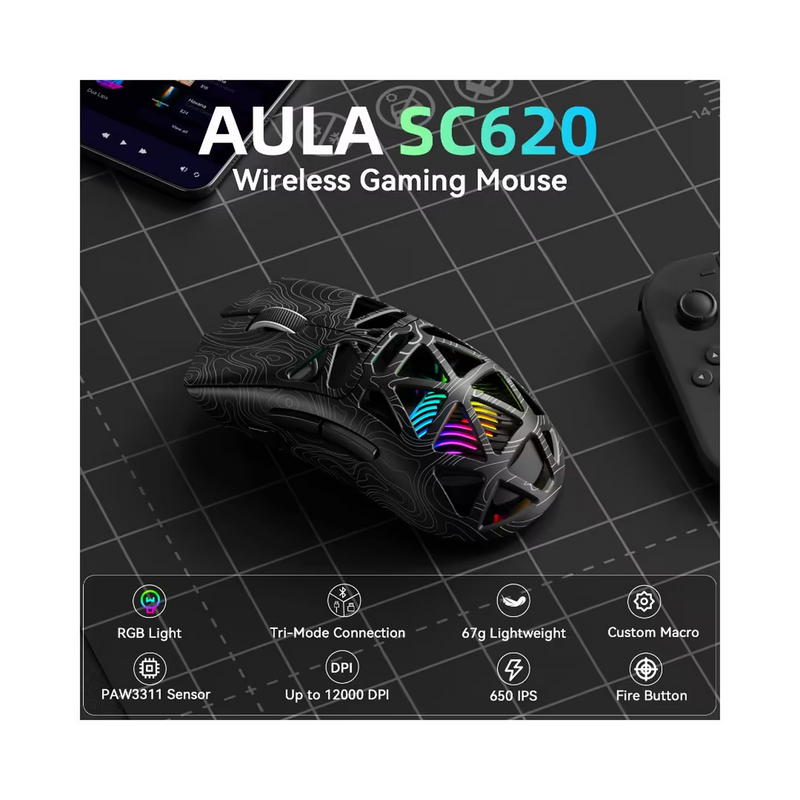 AULA SC620 Contour Wireless Gaming Mouse - Black