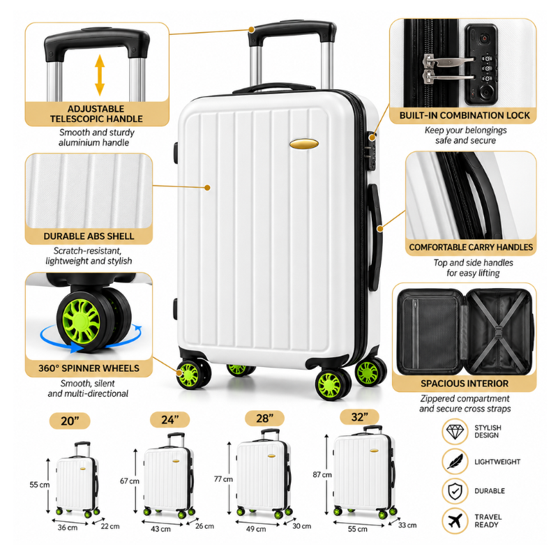 4-Piece Matte White ABS Hard Shell Luggage Set with Wheels – 20, 24, 28 and 32 Inch