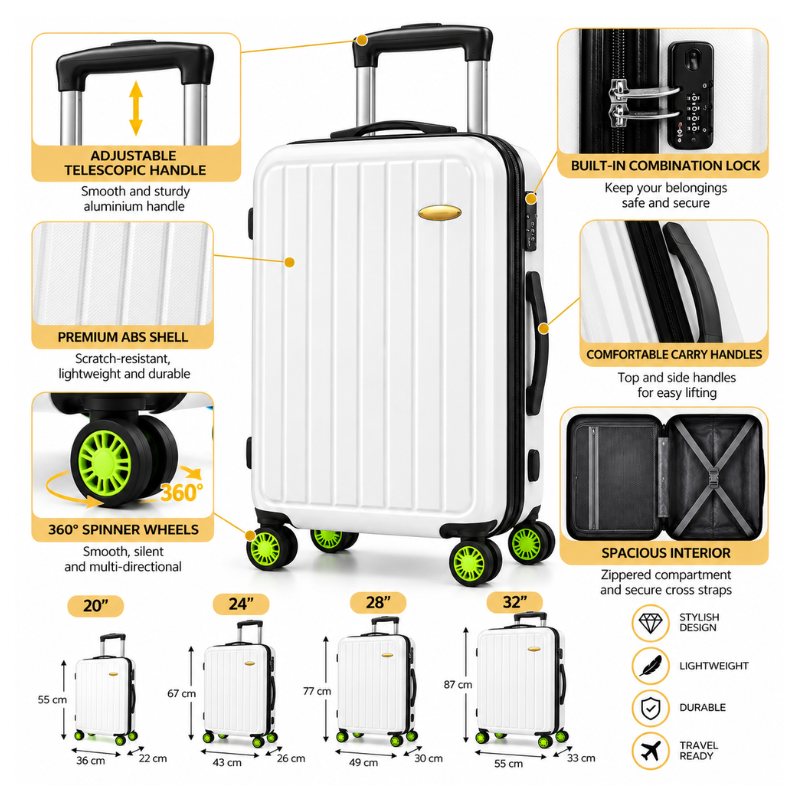 4-Piece Glossy White ABS Hard Shell Luggage Set with Wheels – 20, 24, 28 and 32 Inch
