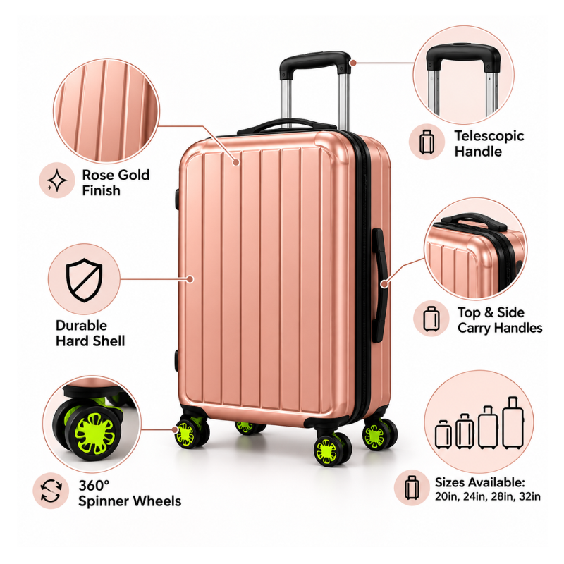 4-Piece Matte Rose Gold ABS Hard Shell Luggage Set with Wheels – 20, 24, 28 and 32 Inch