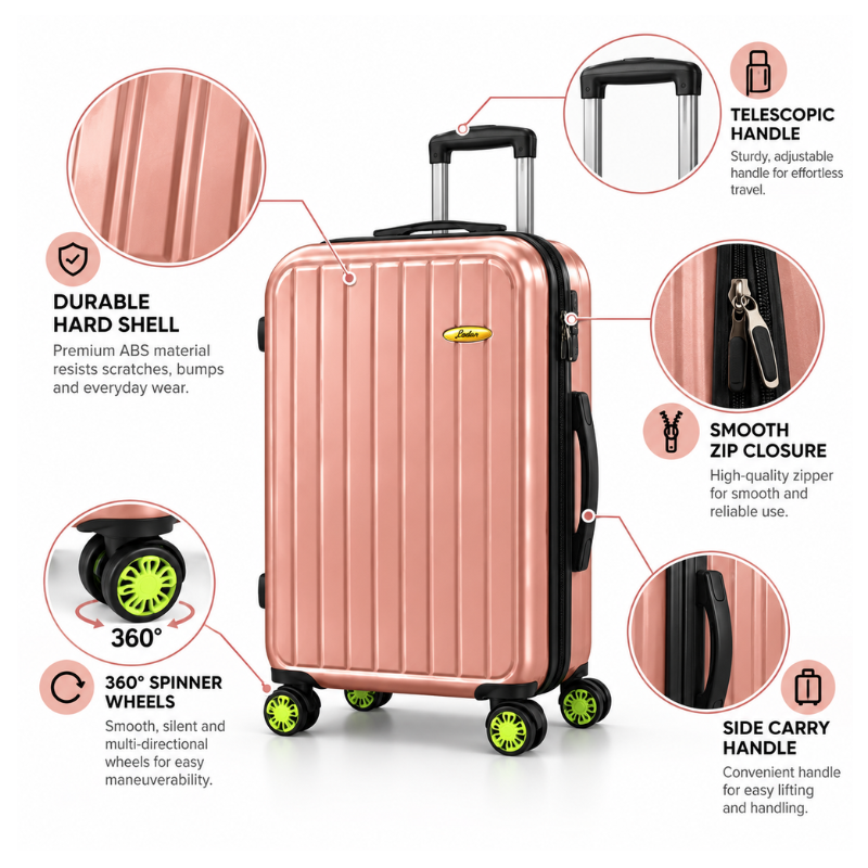 4-Piece Hard Shell Luggage Set with Spinner Wheels – Glossy Rose Gold, 20/24/28/32 Inch