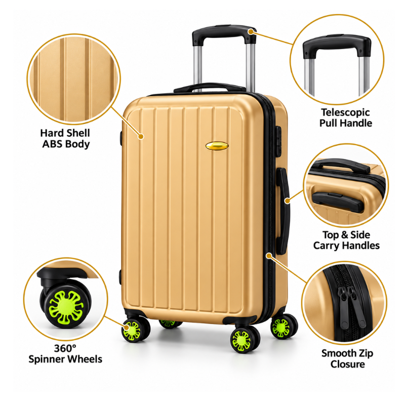4-Piece Hard Shell Luggage Set with Wheels – Matte Gold, 20, 24, 28 and 32 Inch