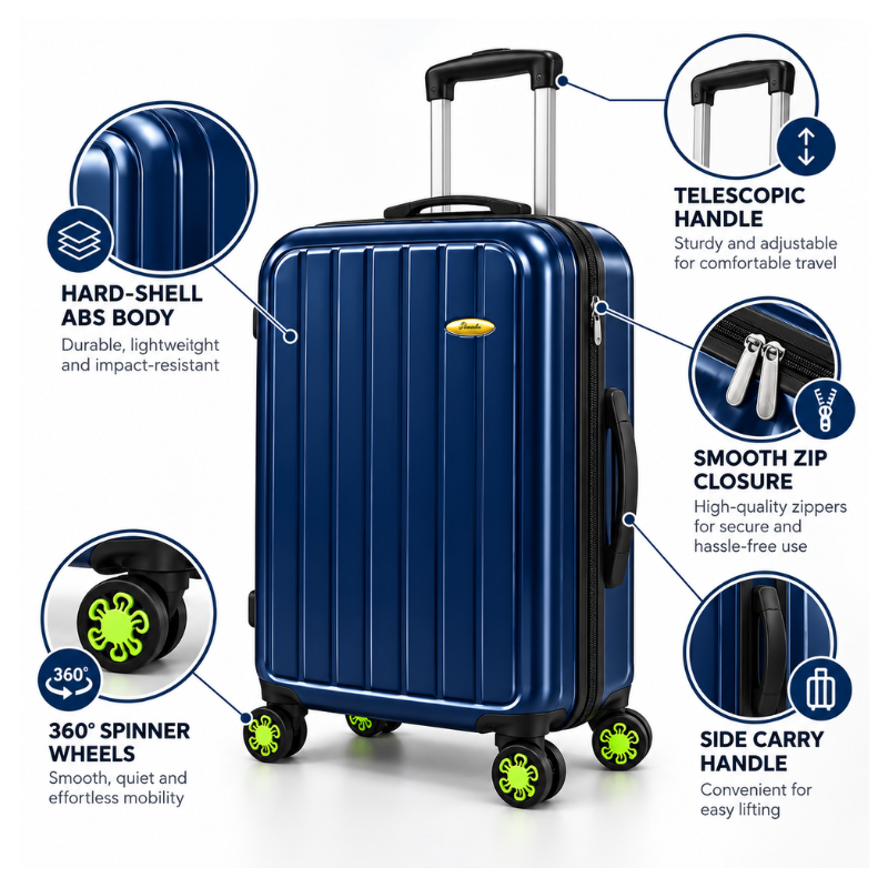 4-Piece Glossy Dark Blue ABS Hard Shell Luggage Set with Wheels – 20, 24, 28 and 32 Inch