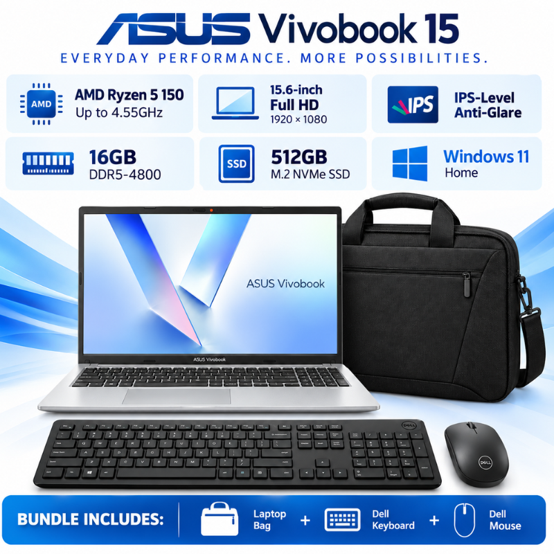 ASUS Vivobook 15 Ryzen 5 Laptop Bundle with Accessories