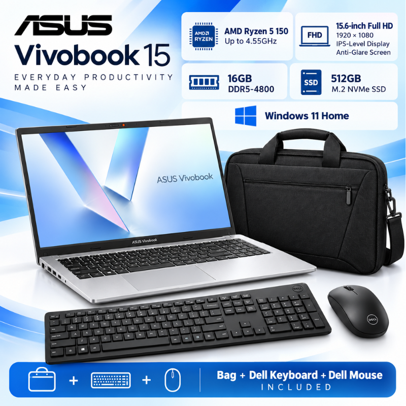 ASUS Vivobook 15 Ryzen 5 Laptop Bundle with Accessories