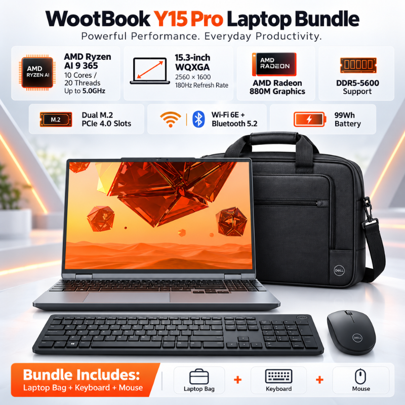 WootBook Y15 Pro Ryzen AI 9 365 Laptop Bundle with Bag, Keyboard & Mouse