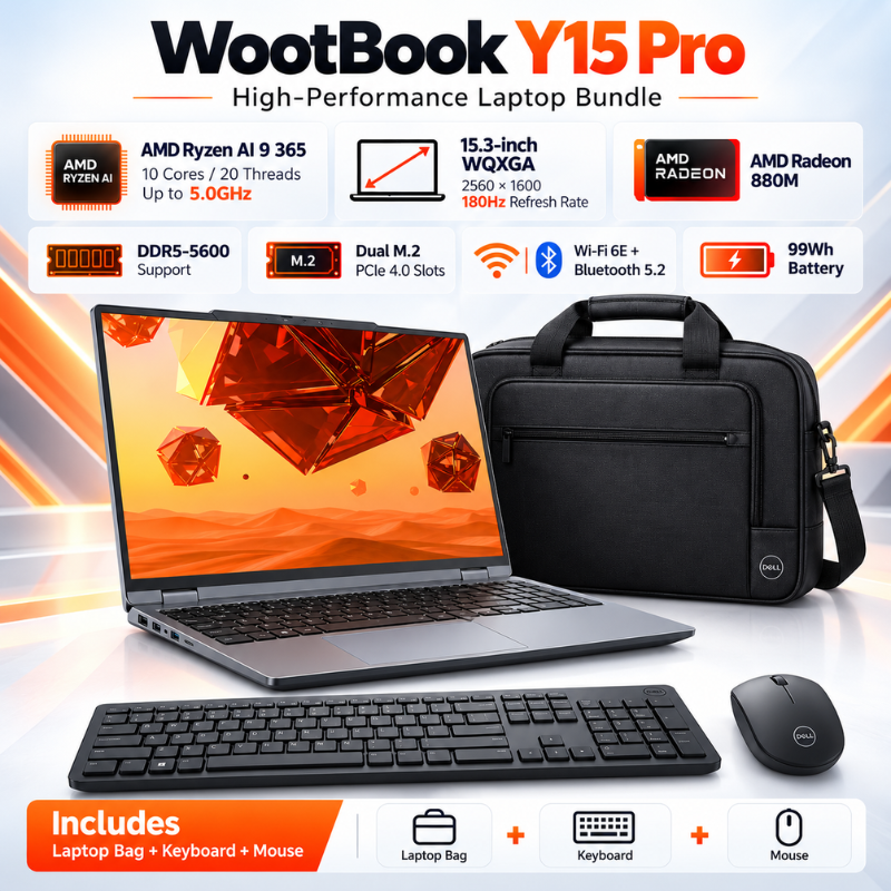 WootBook Y15 Pro Ryzen AI 9 365 Laptop Bundle with Bag, Keyboard & Mouse