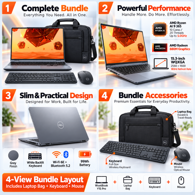 WootBook Y15 Pro Ryzen AI 9 365 Laptop Bundle with Bag, Keyboard & Mouse