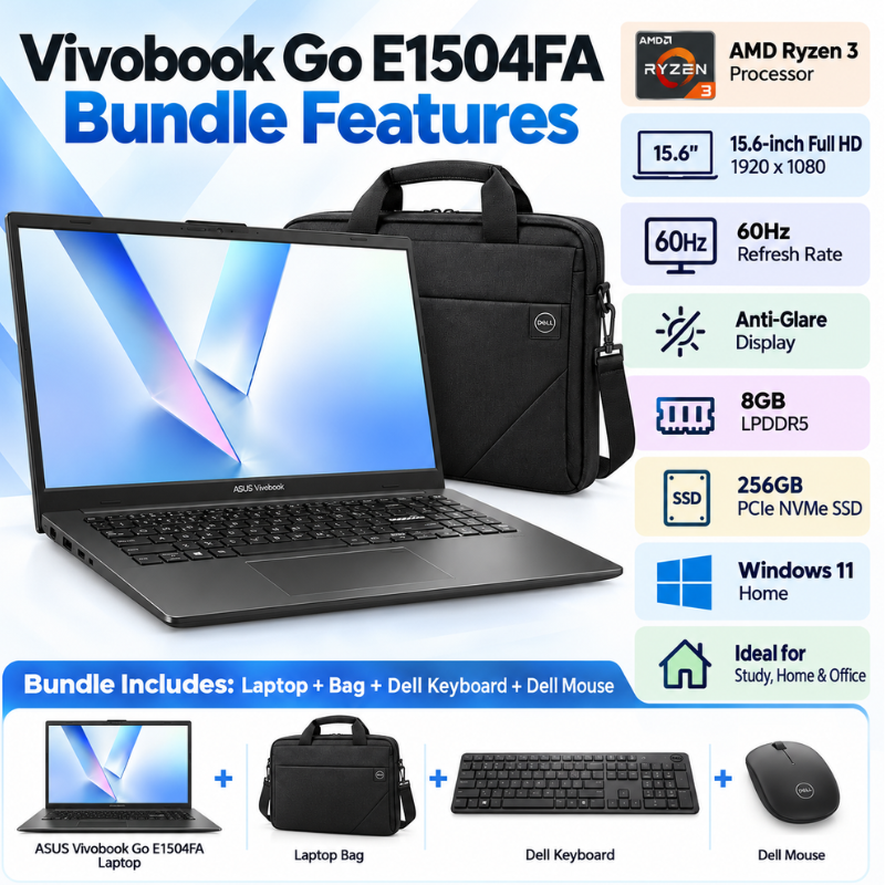 ASUS Vivobook Go 15 Ryzen 3 Laptop Bundle with Accessories