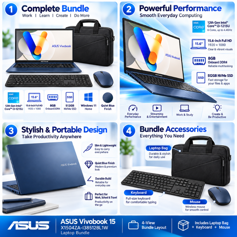 ASUS Vivobook 15 Core i3 8GB 512GB Laptop Bundle
