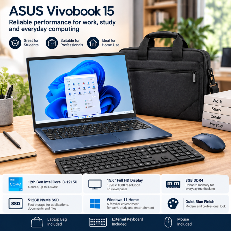 ASUS Vivobook 15 Core i3 8GB 512GB Laptop Bundle